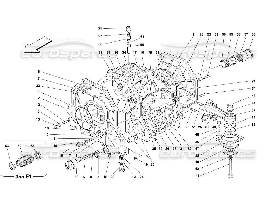 ferrari 355 (5.2 motronic) boîtier de différentiel de boîte de vitesses et carter intermédiaire schéma des pièces