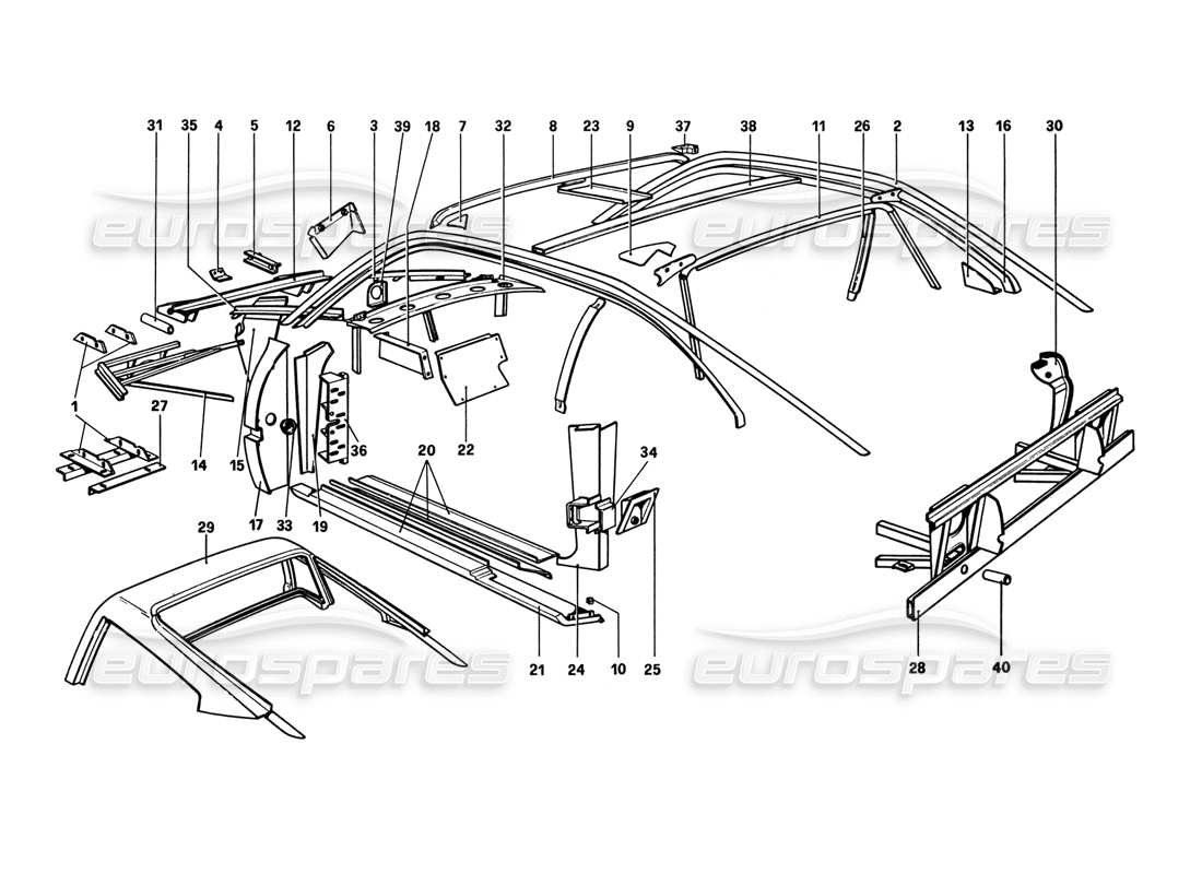 ferrari 308 gtb (1980) coque de carrosserie - diagramme des pièces des éléments intérieurs