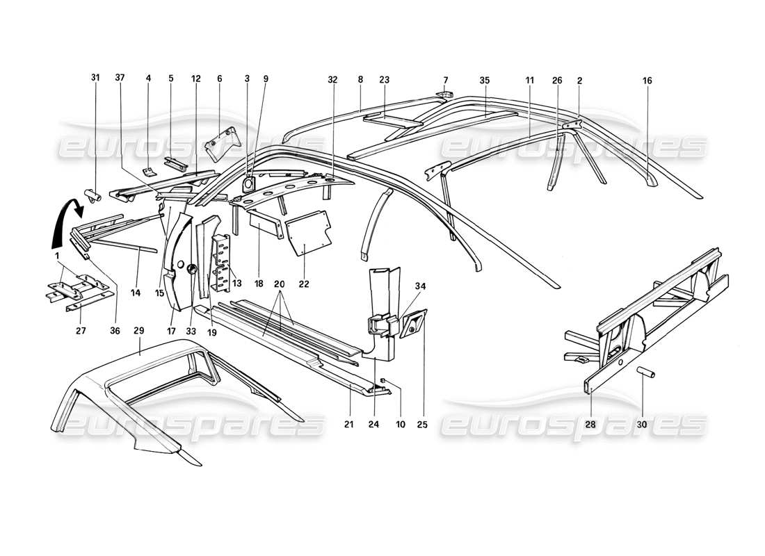 ferrari 308 (1981) gtbi/gtsi coque de carrosserie - diagramme des pièces des éléments intérieurs