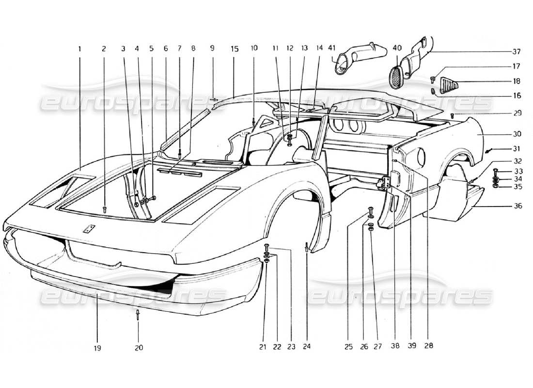 ferrari 308 gtb (1976) coque de carrosserie - diagramme des pièces des éléments extérieurs