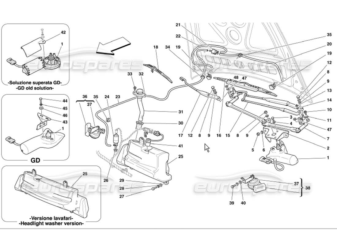 ferrari 360 modena pare-brise, lave- rondelle et klaxons schéma des pièces