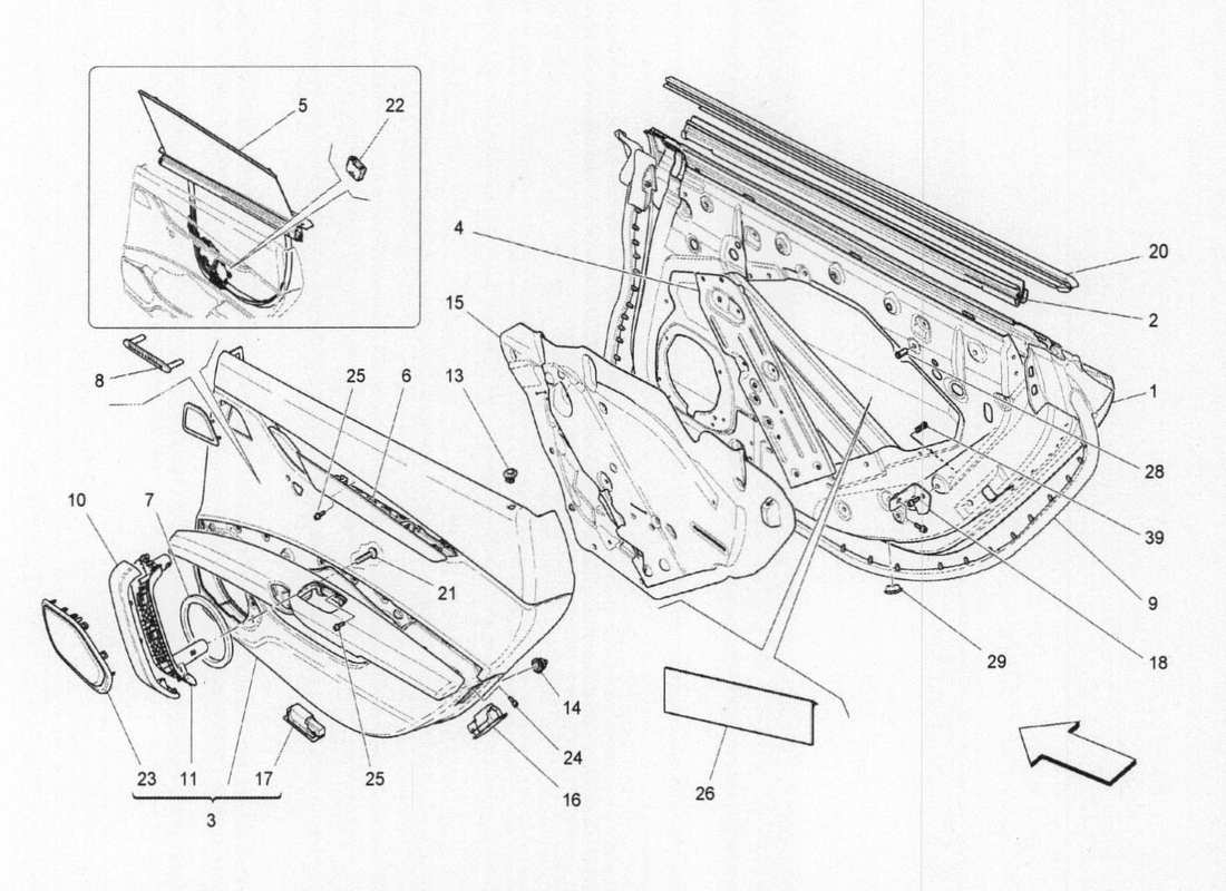maserati qtp. v6 3.0 tds 275bhp 2017 portes arrière : diagramme de pièces des panneaux de garniture
