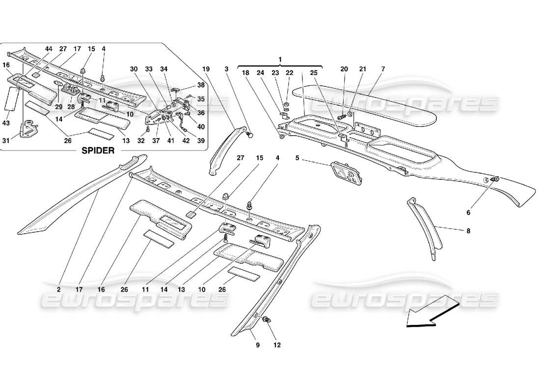 ferrari 355 (5.2 motronic) garnitures de toit schéma des pièces