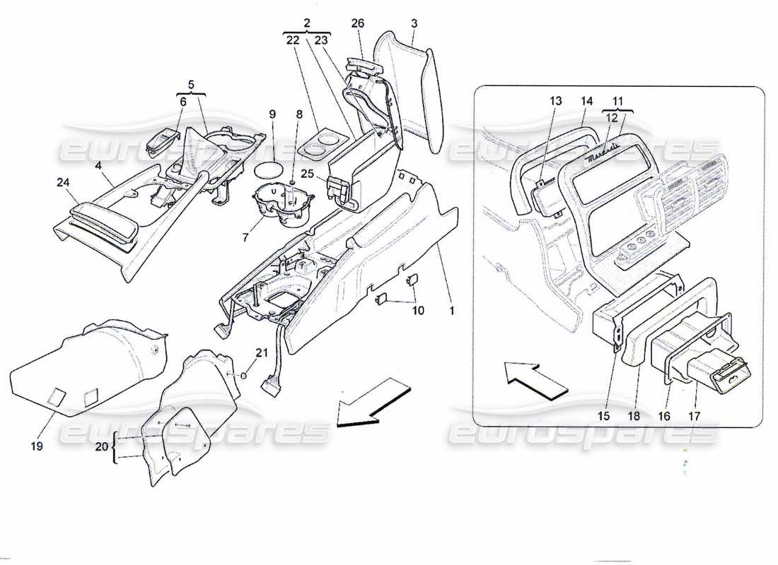 maserati qtp. (2010) 4.7 console accessoire et console centrale schéma des pièces