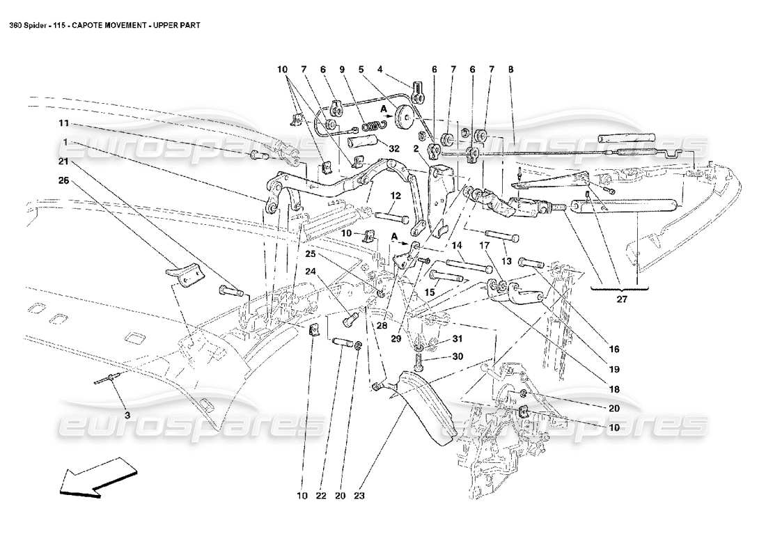ferrari 360 spider mouvement capote - partie supérieure schéma des pièces