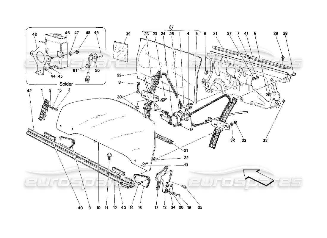 ferrari 348 (2.7 motronic) portes - schéma des pièces du dispositif de levage du verre