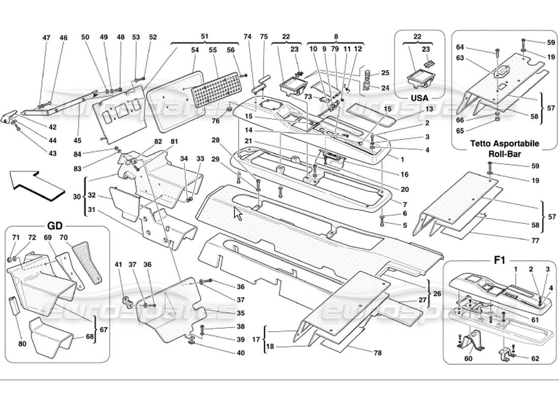 ferrari 360 modena structure de tunnel et accessoires schéma des pièces