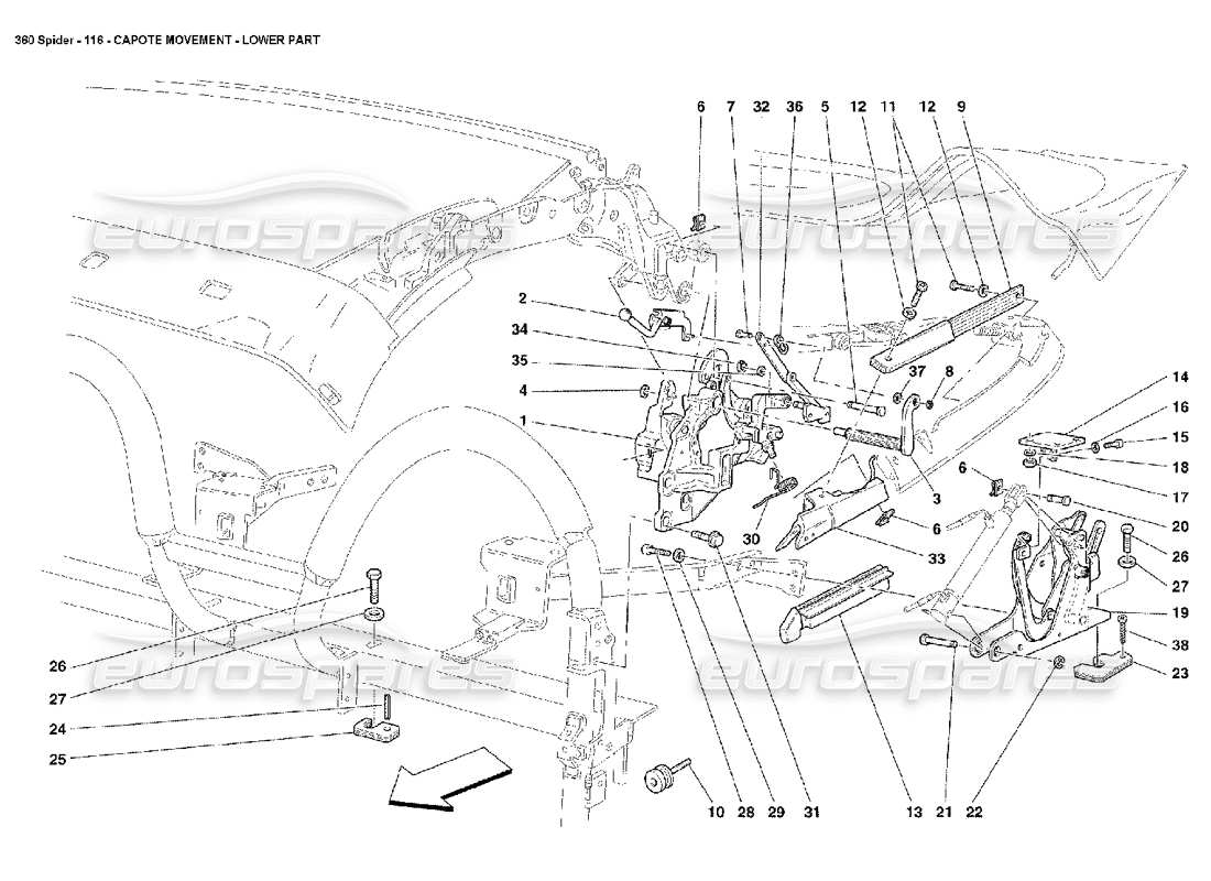 ferrari 360 spider mouvement capote - diagramme de la partie inférieure