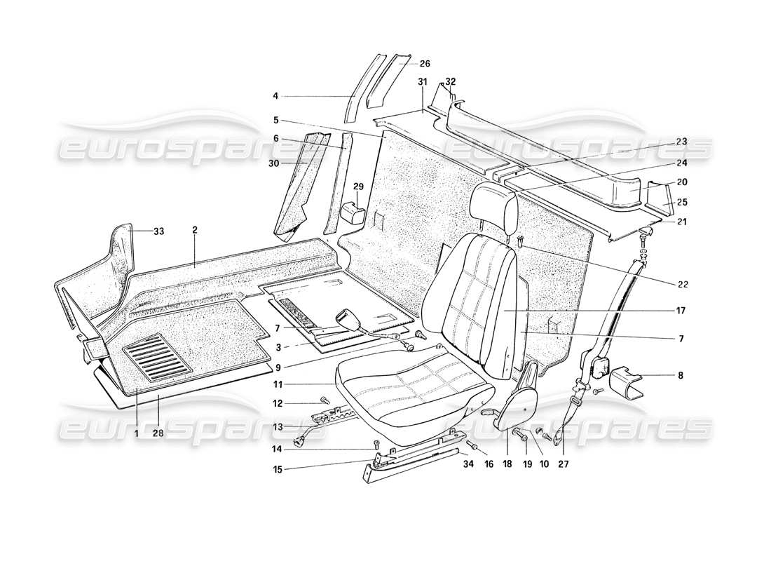 ferrari 328 (1985) garnitures intérieures, accessoires et sièges schéma des pièces