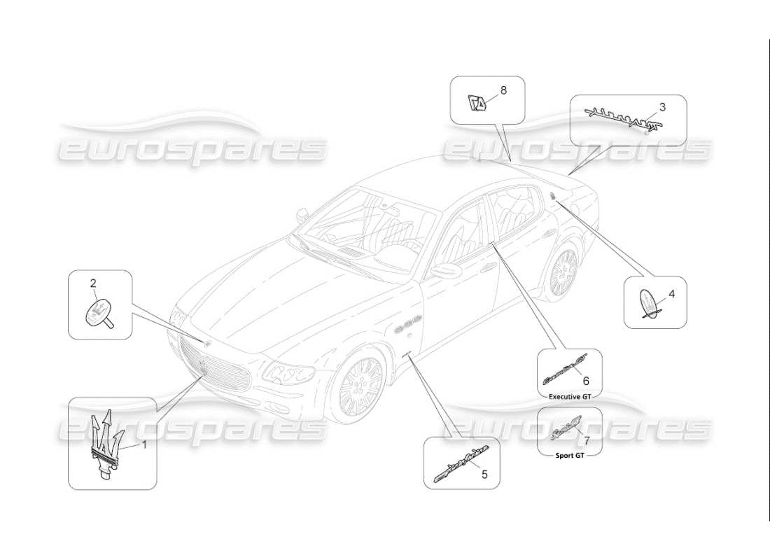 maserati qtp. (2007) 4.2 f1 diagramme des pièces des garnitures, marques et symboles