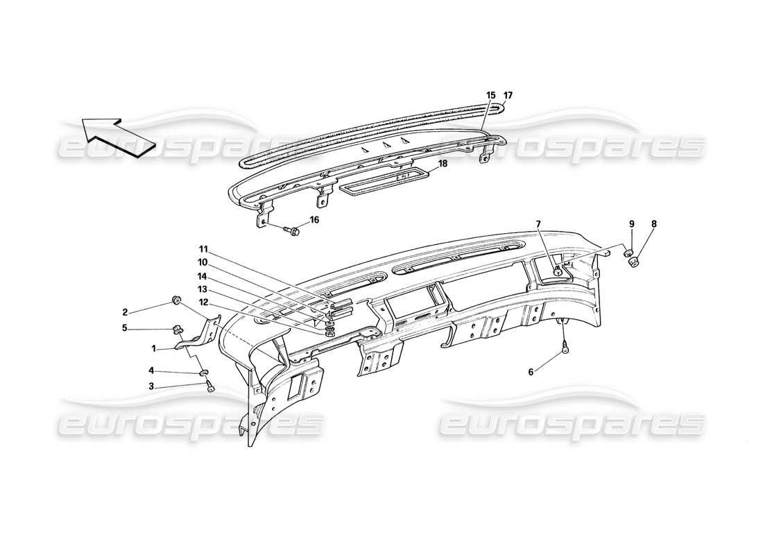 ferrari 348 (1993) tb / ts tableau de bord - diagramme des pièces de structure et de supports