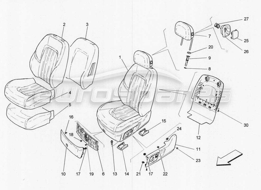maserati qtp. v8 3.8 530bhp 2014 auto sièges avant : diagramme de pièces des panneaux de garniture