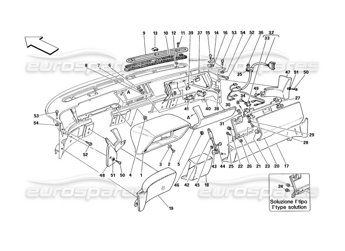 ferrari 348 (1993) tb / ts tableau de bord - schéma des pièces de garniture et d'accessoires