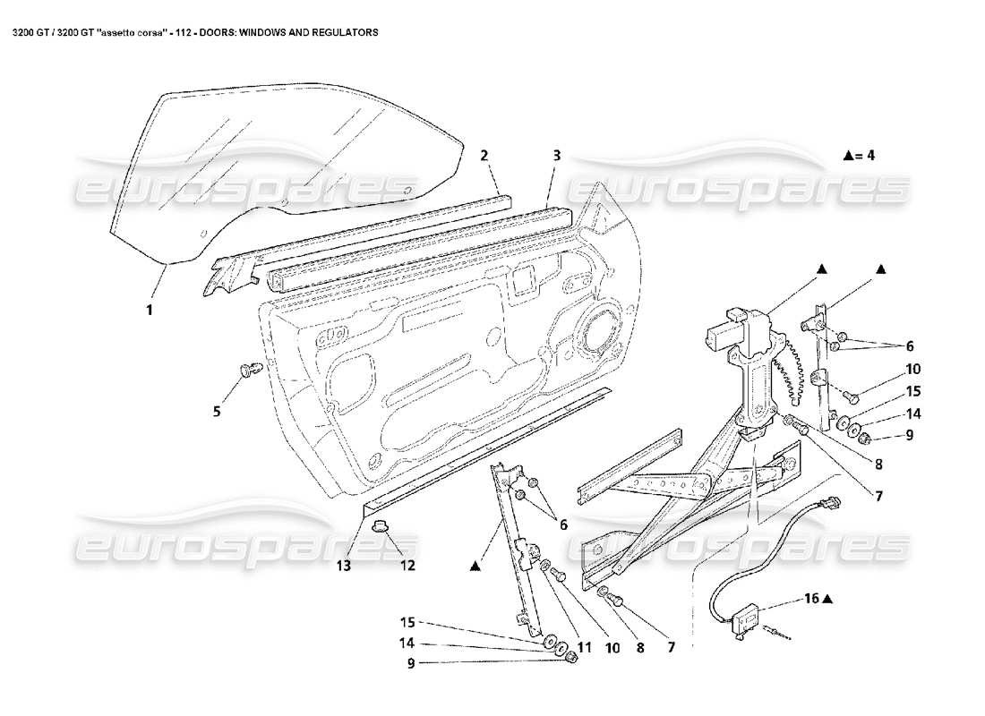 maserati 3200 gt/gta/assetto corsa portes : diagramme de pièces des fenêtres et des régulateurs