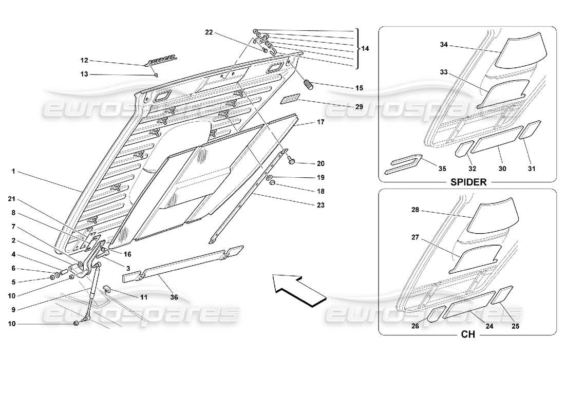 ferrari 355 (2.7 motronic) schéma des pièces du capot arrière