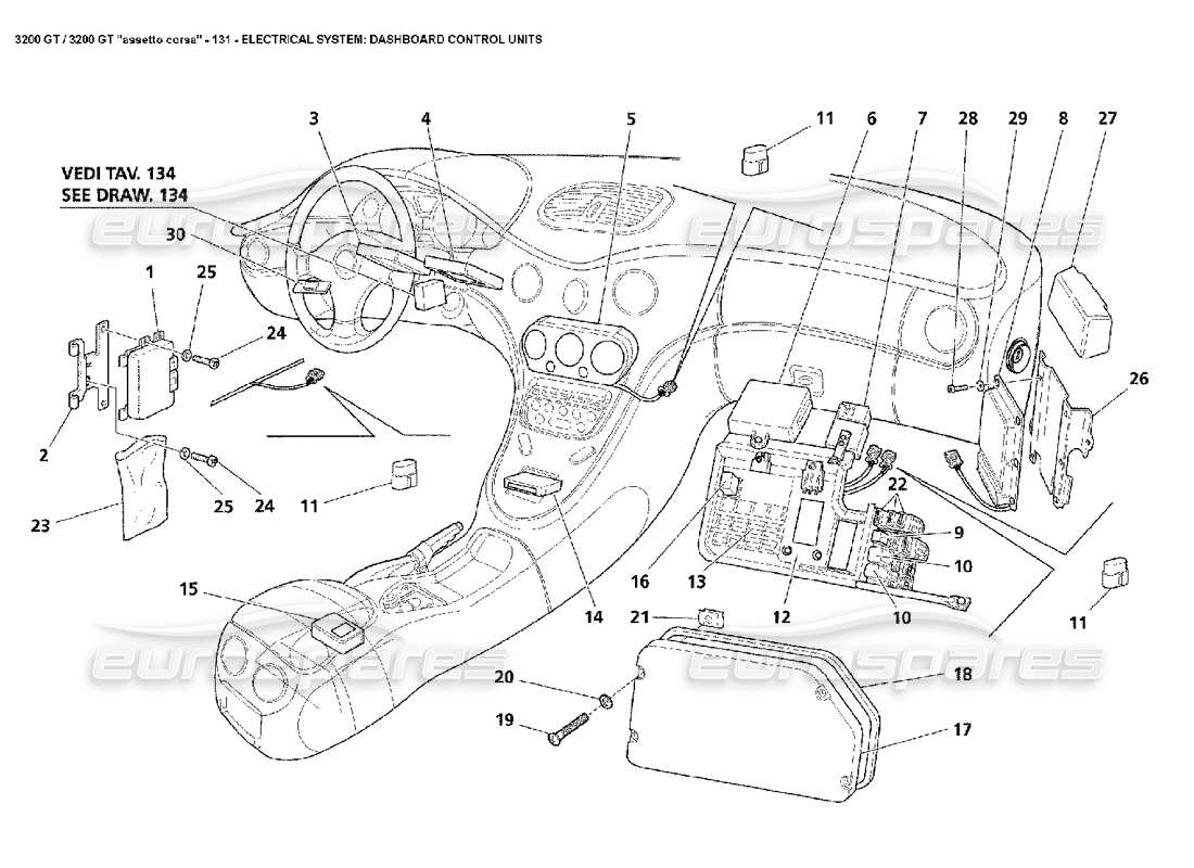 maserati 3200 gt/gta/assetto corsa électricité : schéma des pièces des unités de commande du tableau de bord