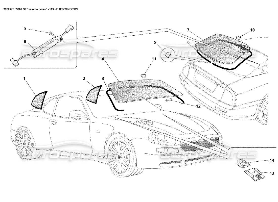 maserati 3200 gt/gta/assetto corsa diagramme de pièces de fenêtres fixes