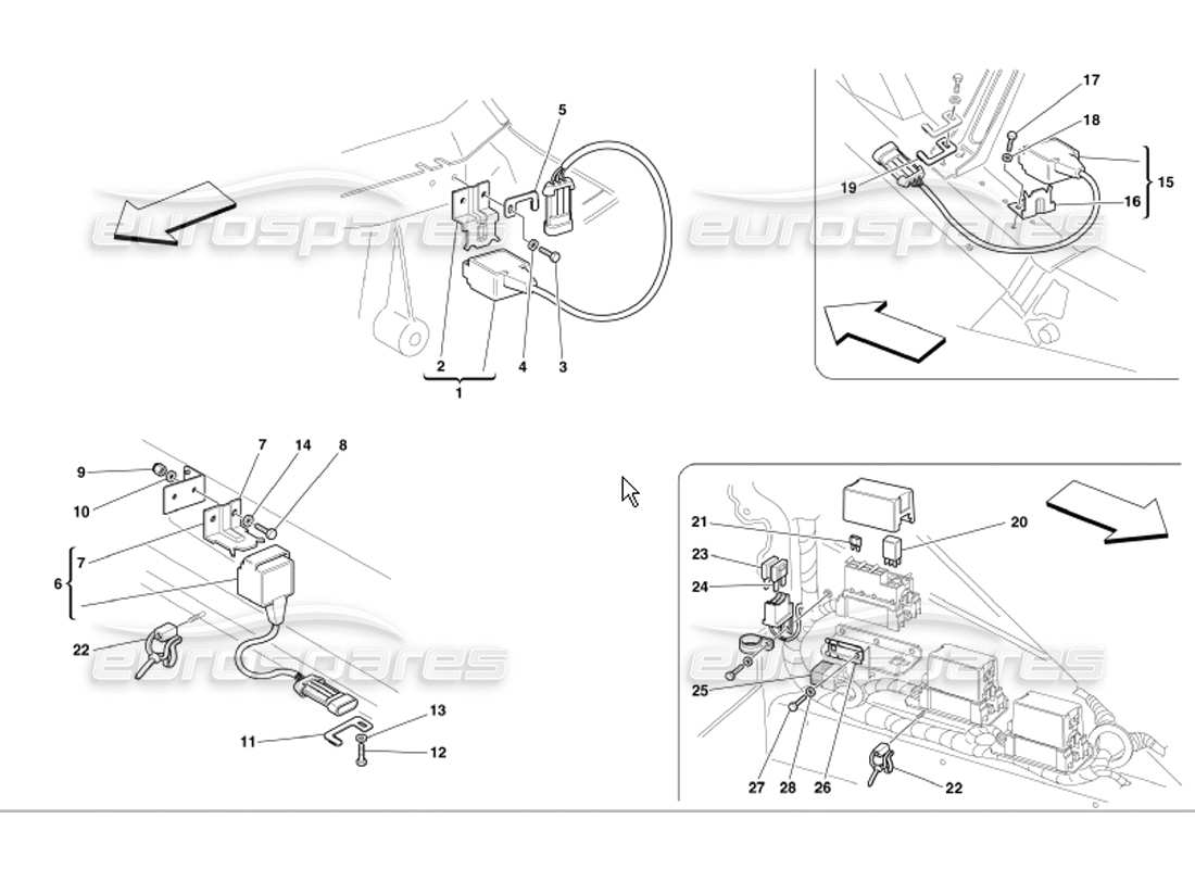 ferrari 360 modena tableau électrique des compartiments avant et moteur et diagramme des pièces du capteur