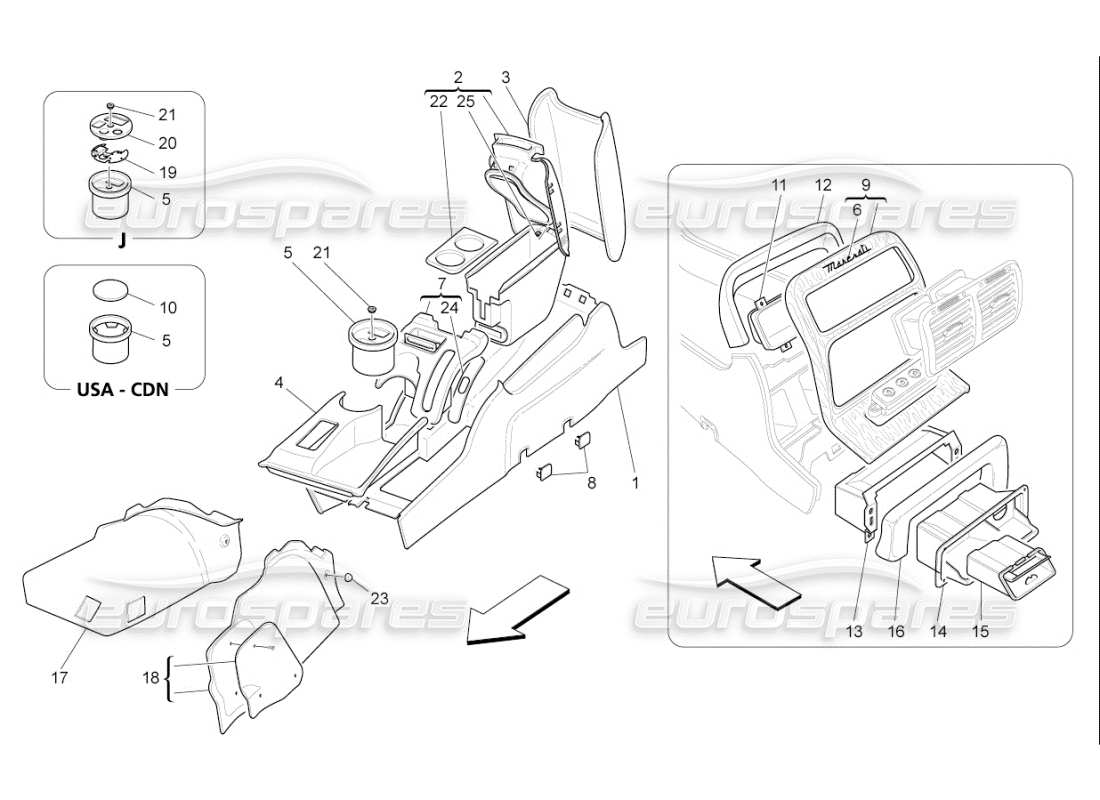 maserati qtp. (2007) 4.2 f1 schéma des pièces de la console d'accessoires et de la console centrale