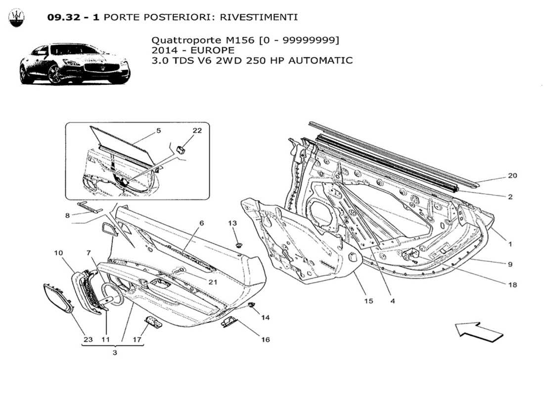 maserati qtp. v6 3.0 tds 250bhp 2014 portes arrière : diagramme de pièces des panneaux de garniture