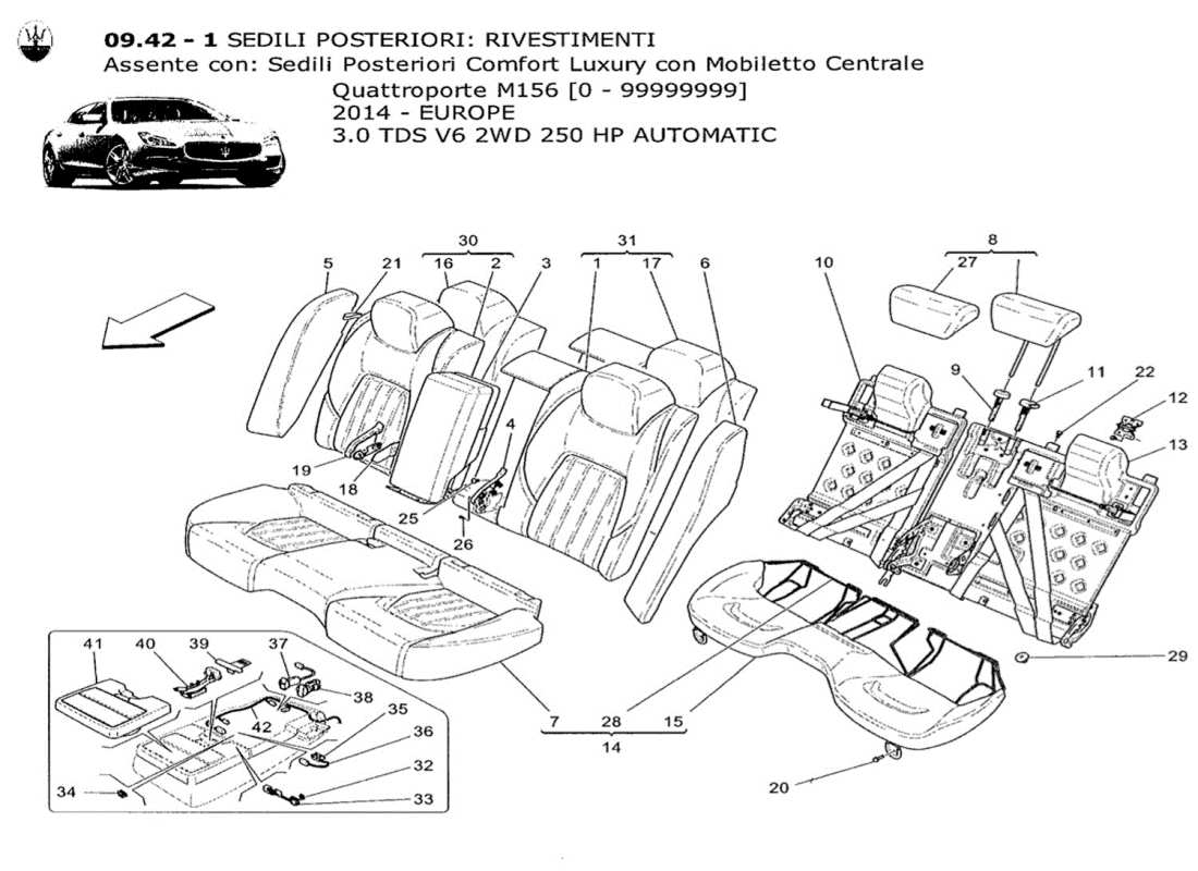 maserati qtp. v6 3.0 tds 250bhp 2014 sièges arrière : diagramme de pièces des panneaux de garniture