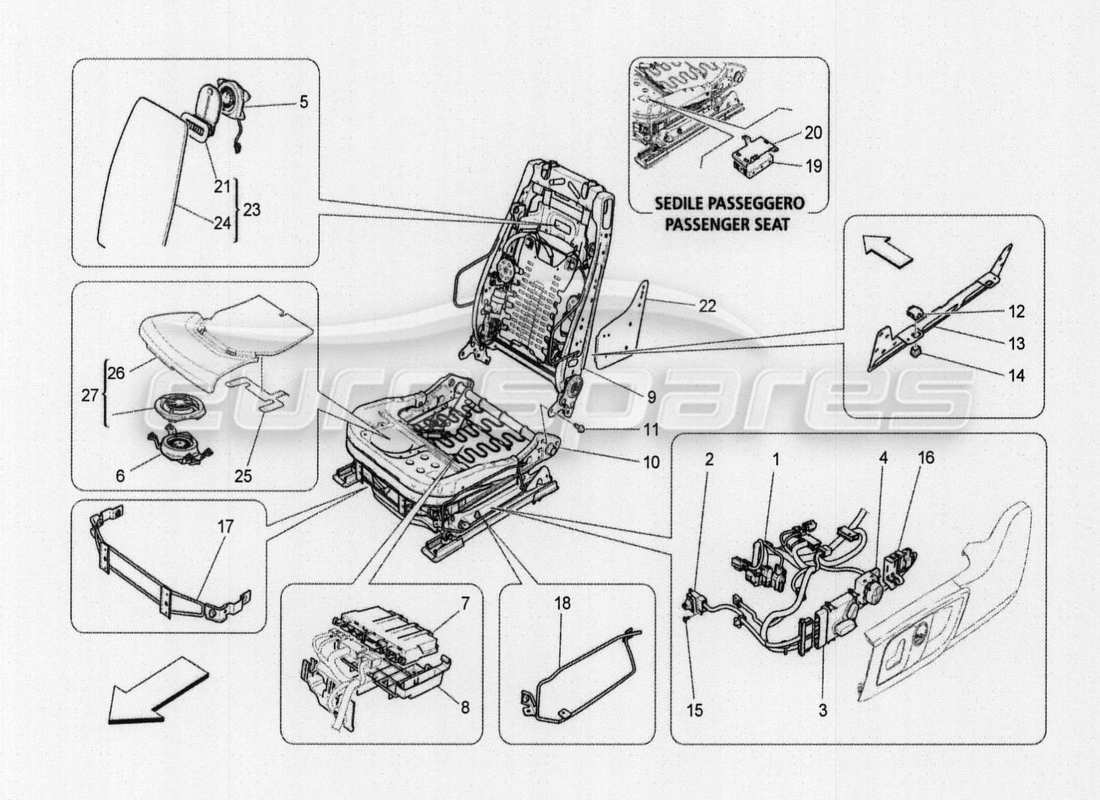 maserati qtp. v8 3.8 530bhp auto 2015 sièges avant : diagramme de pièces des panneaux de garniture