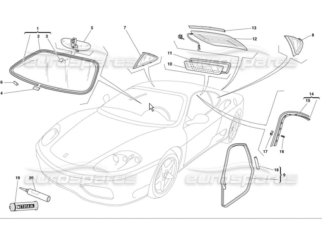 ferrari 360 modena verres et joints schéma des pièces