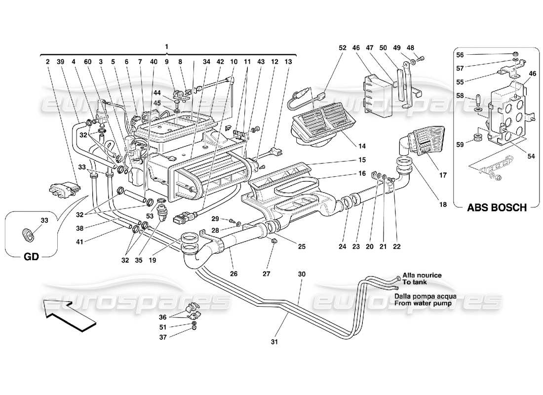 ferrari 355 (5.2 motronic) schéma des pièces d'aération de l'unité d'évaporateur et de l'habitacle des passagers