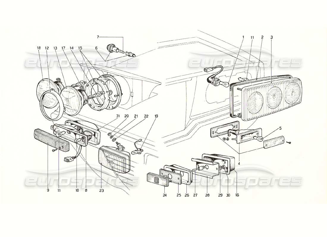 ferrari 308 gt4 dino (1976) lumières schéma des pièces