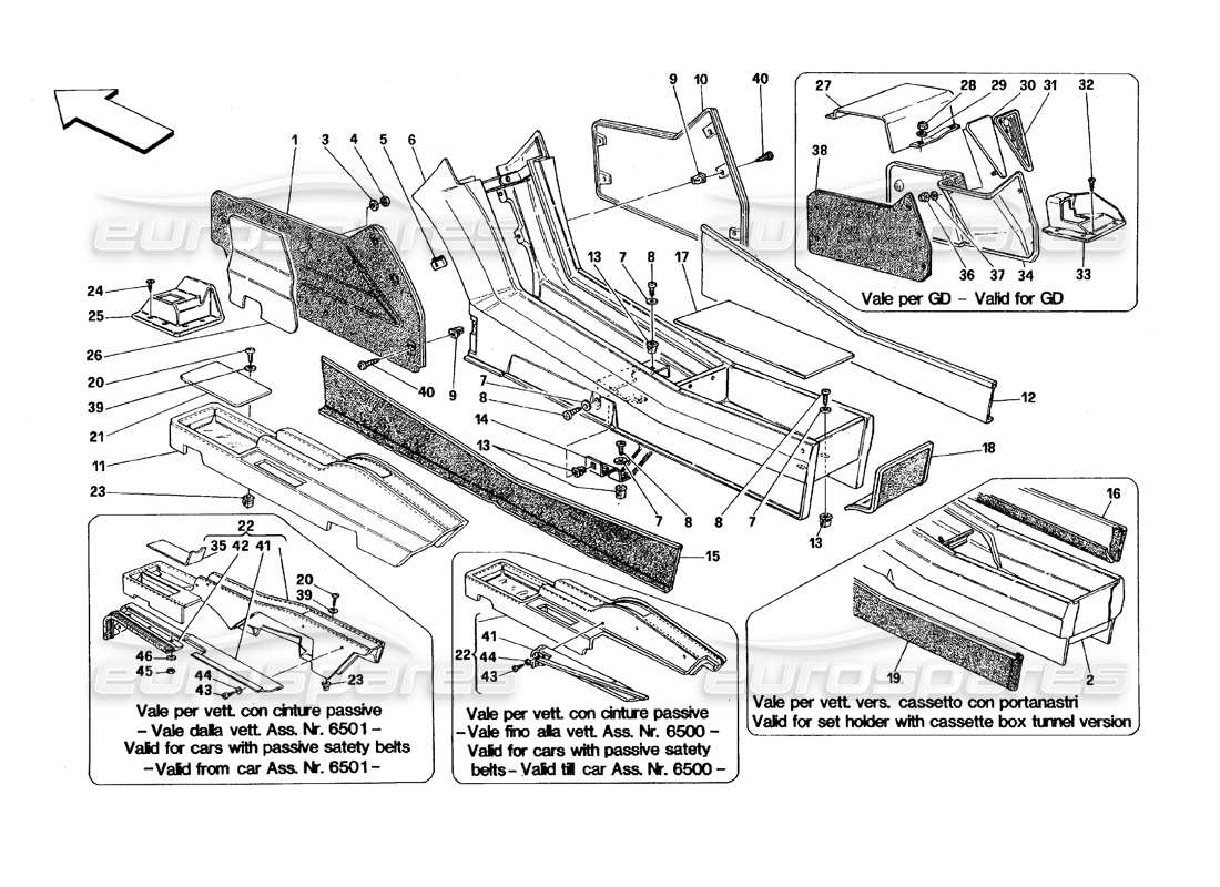 ferrari 348 (1993) tb / ts tunnel – diagramme des pièces du cadre et des garnitures