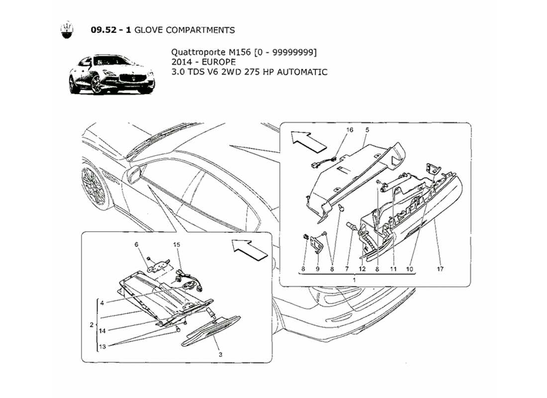 maserati qtp. v6 3.0 tds 275bhp 2014 diagramme des pièces des boîtes à gants