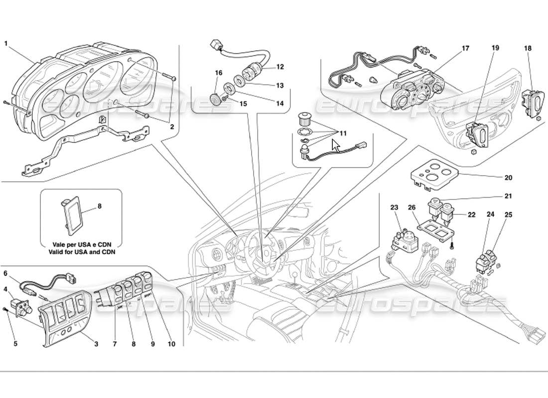 ferrari 360 modena diagramme des pièces des instruments du tableau de bord