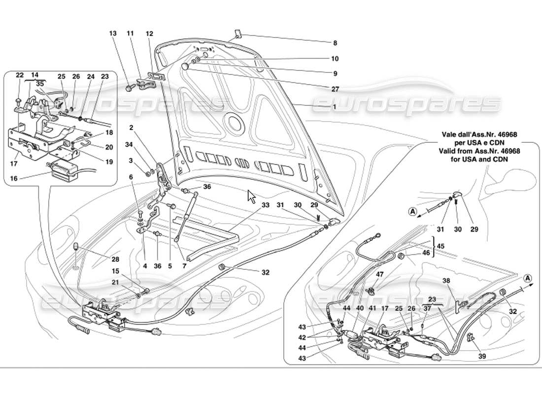 ferrari 360 modena schéma des pièces du capot avant et du dispositif d'ouverture