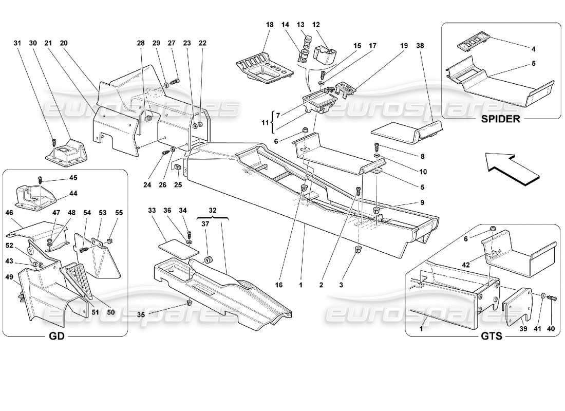 ferrari 355 (2.7 motronic) tunnel - schéma des pièces du cadre et des accessoires