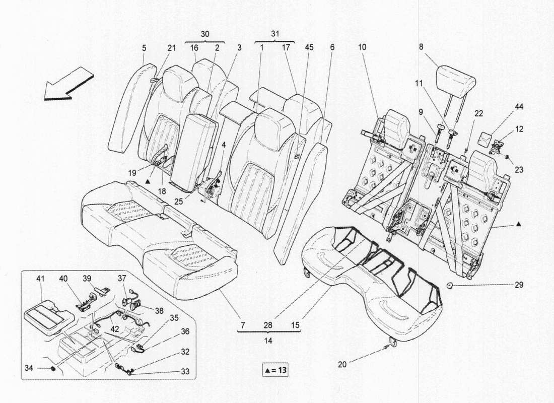 maserati qtp. v6 3.0 tds 275bhp 2017 sièges arrière : diagramme de pièces des panneaux de garniture