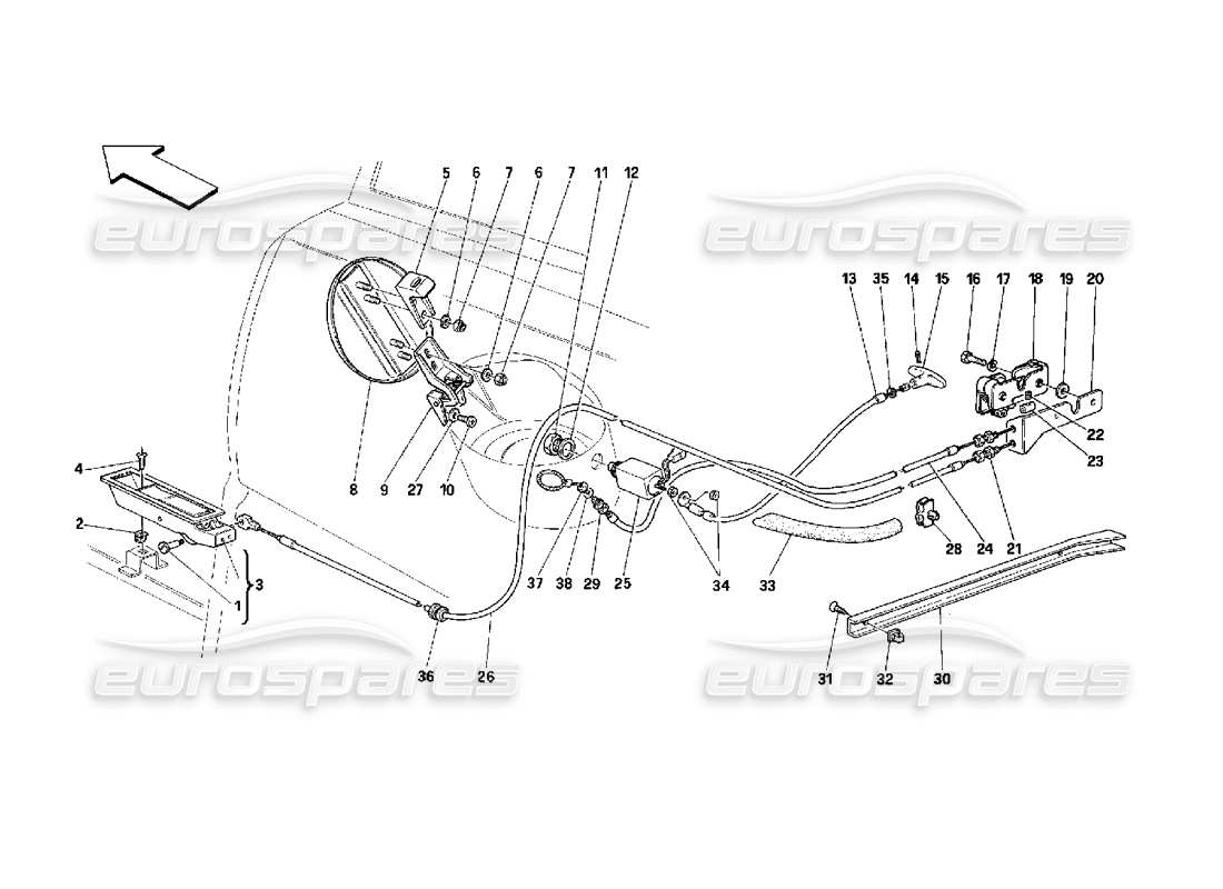 ferrari 348 (2.7 motronic) schéma des pièces des dispositifs d'ouverture du capot arrière et de la porte à gaz