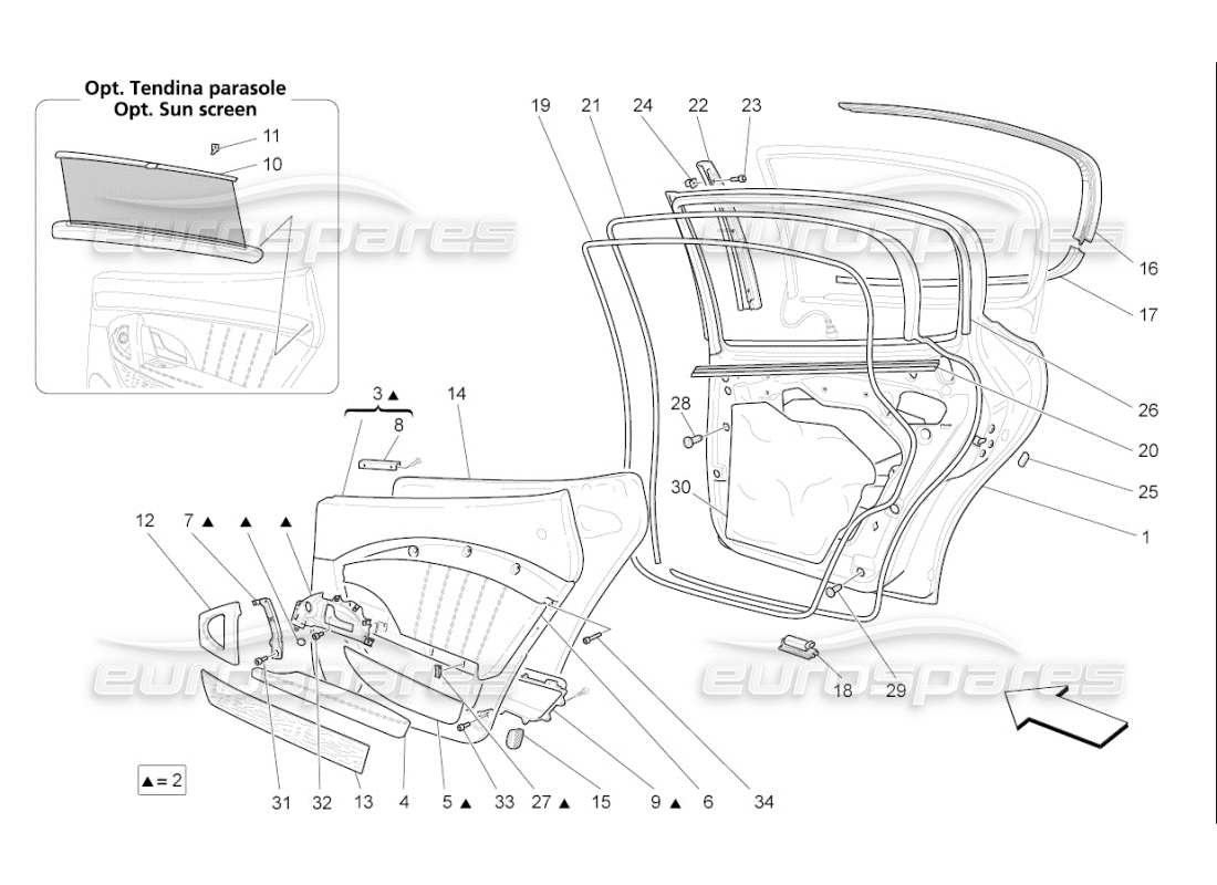 maserati qtp. (2010) 4.7 auto portes arrière : diagramme de pièces des panneaux de garniture
