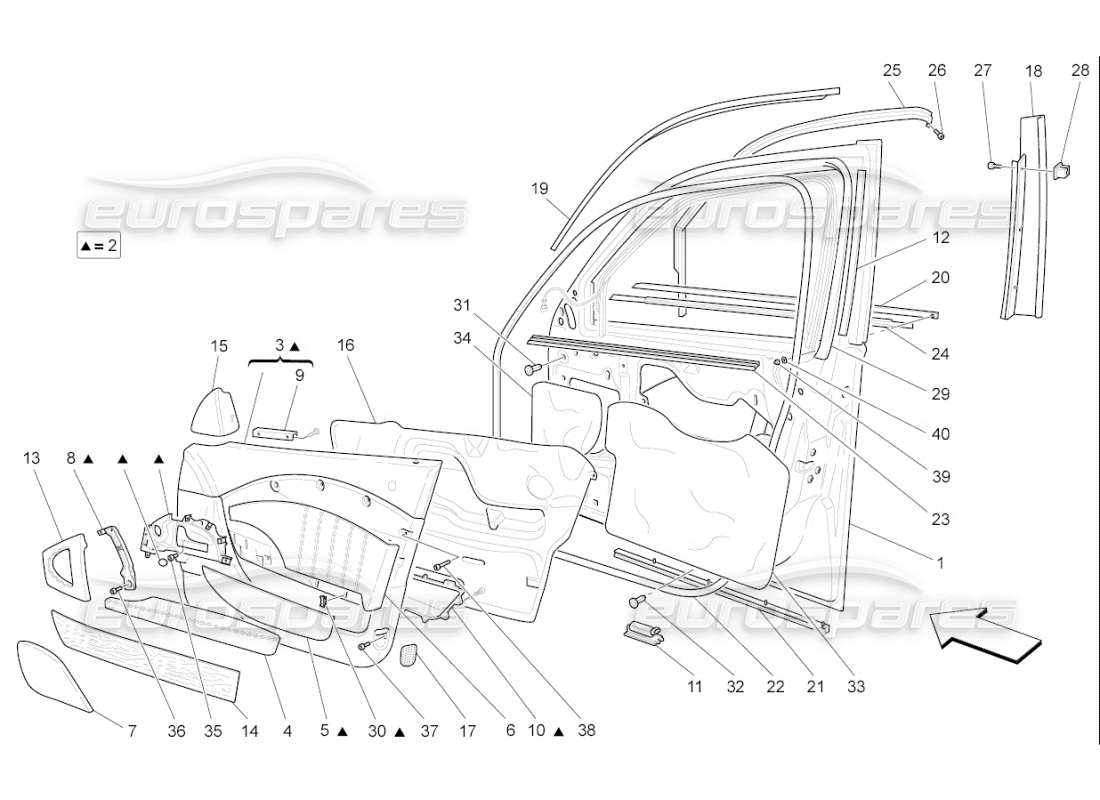 maserati qtp. (2009) 4.7 auto portes avant : diagramme de pièces des panneaux de garniture