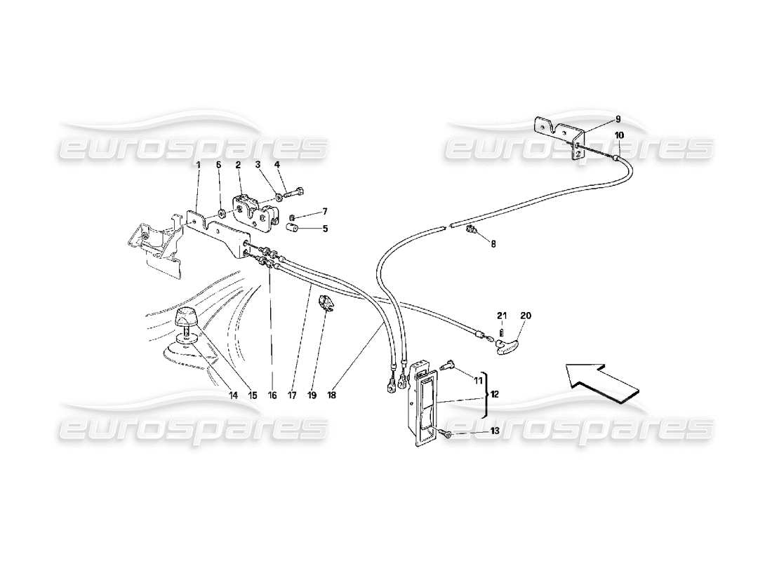 ferrari 348 (2.7 motronic) schéma des pièces du dispositif d'ouverture du capot avant