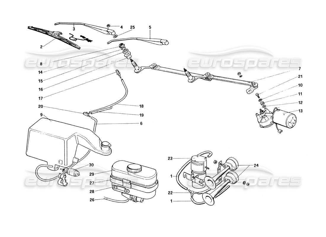 ferrari 328 (1985) essuie-glace, rondelle et klaxon schéma des pièces