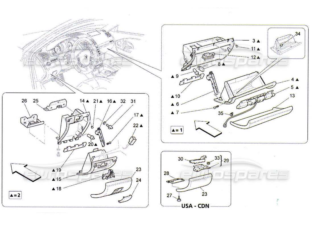 maserati qtp. (2010) 4.2 diagramme des pièces des boîtes à gants