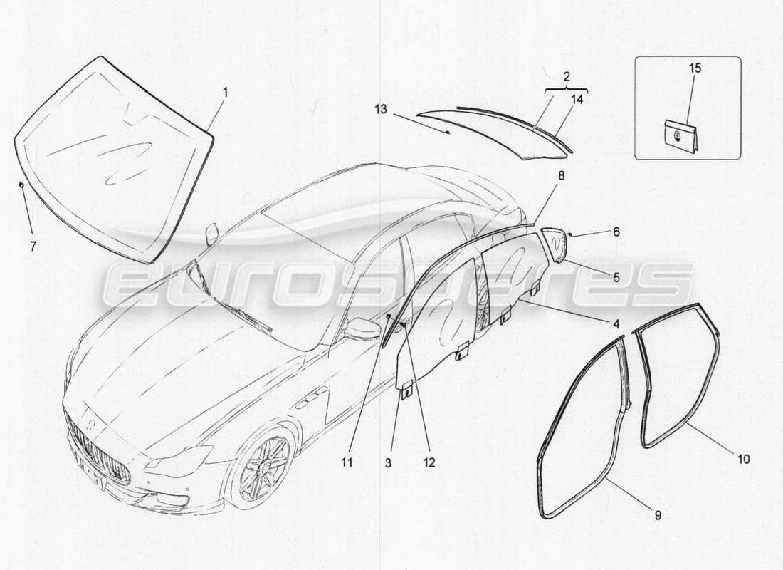 maserati qtp. v8 3.8 530bhp 2014 auto diagramme de pièces de fenêtres et de bandes de fenêtre