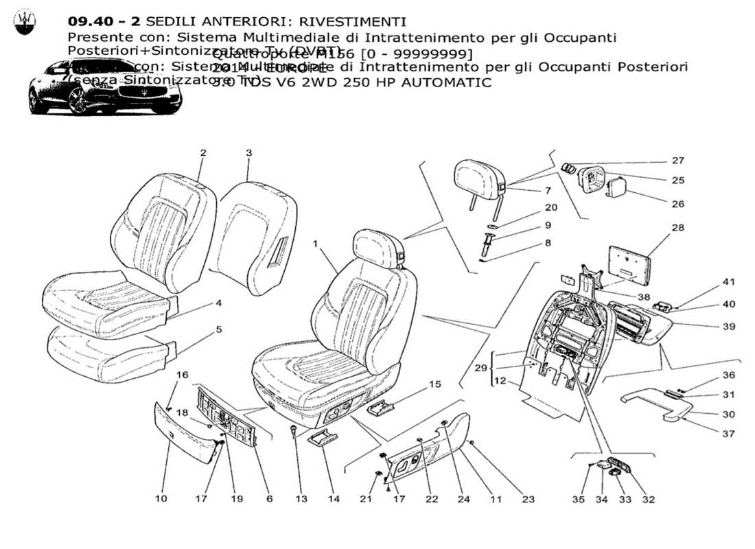 maserati qtp. v6 3.0 tds 250bhp 2014 sièges avant : diagramme de pièces des panneaux de garniture