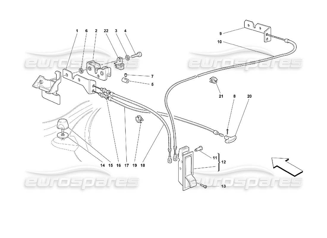 ferrari 355 (2.7 motronic) dispositif d'ouverture pour capot avant schéma des pièces