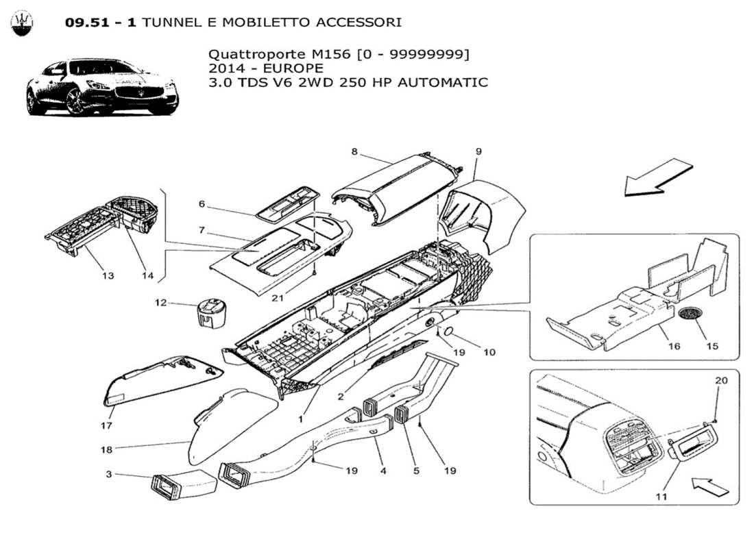 maserati qtp. v6 3.0 tds 250bhp 2014 schéma des pièces de la console d'accessoires et de la console centrale