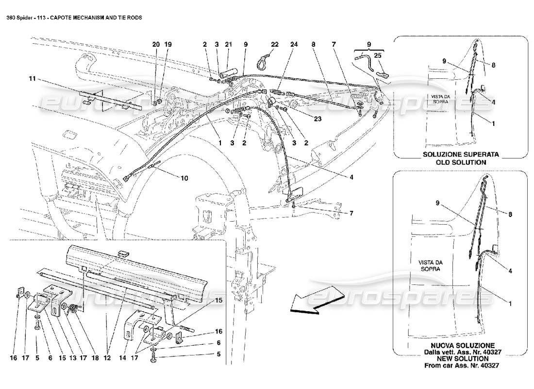 ferrari 360 spider schéma des pièces du mécanisme capote et des tirants