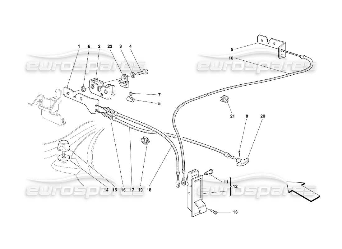 ferrari 355 (5.2 motronic) dispositif d'ouverture pour capot avant schéma des pièces