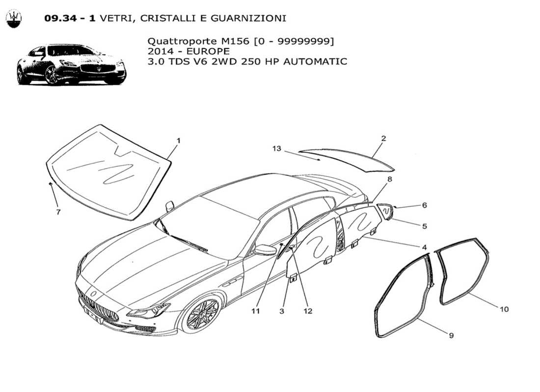 maserati qtp. v6 3.0 tds 250bhp 2014 diagramme de pièces de fenêtres et de bandes de fenêtre