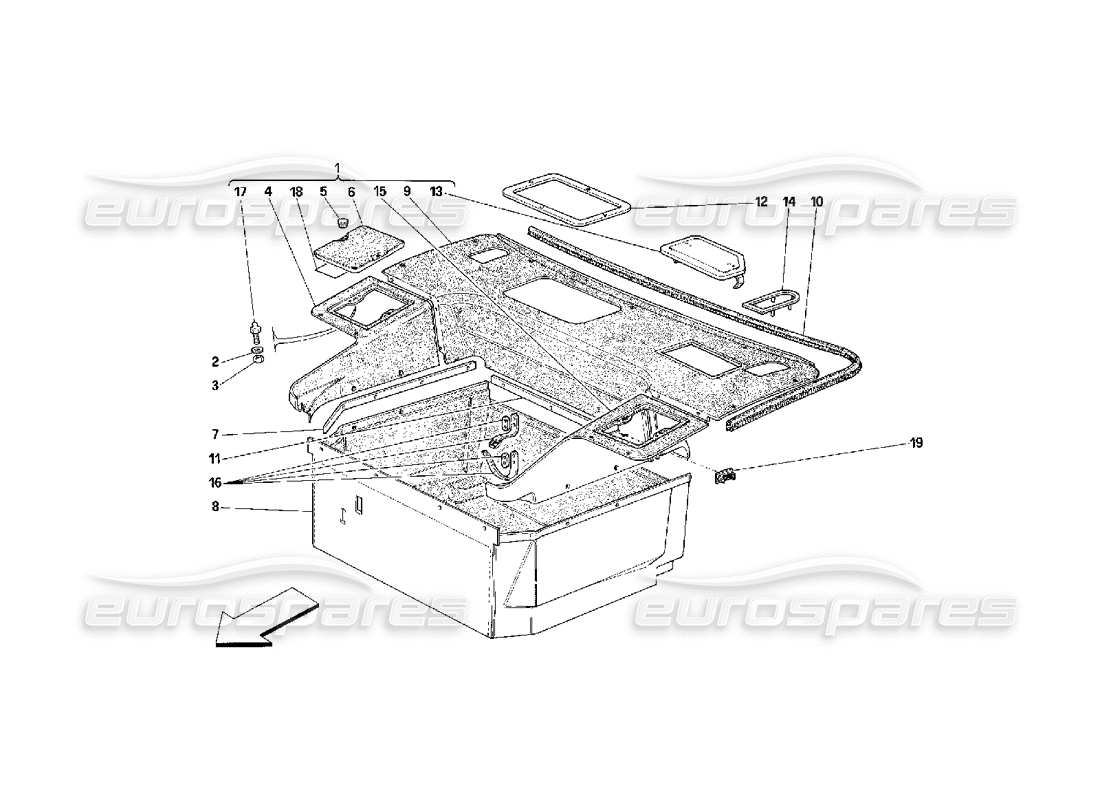 ferrari 348 (2.7 motronic) diagramme des pièces des tapis des compartiments avant