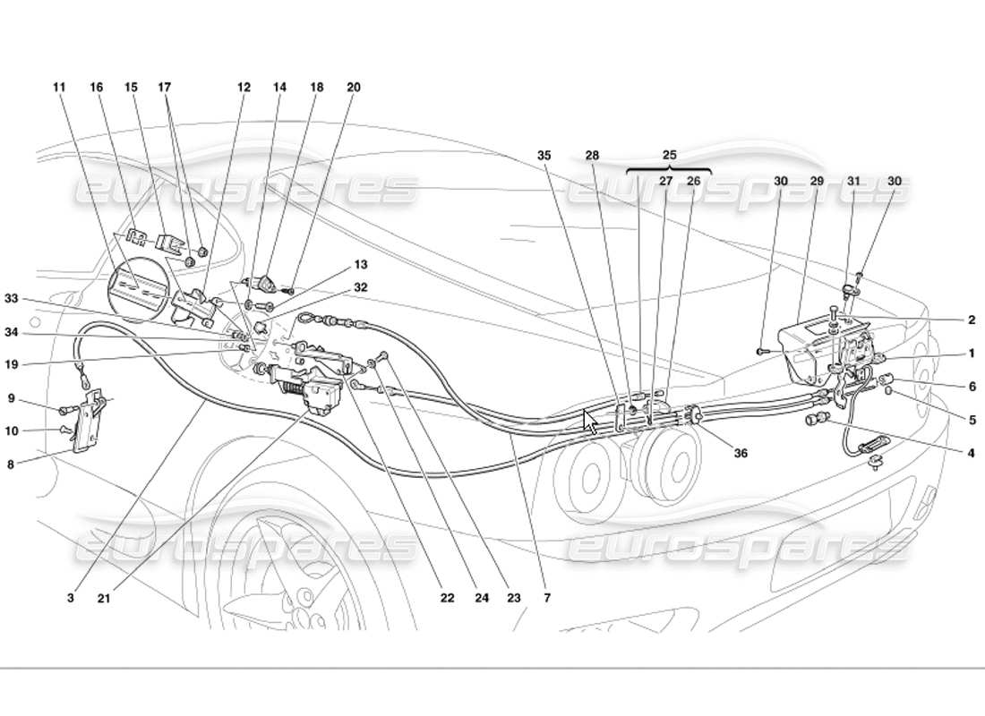 ferrari 360 modena schéma des pièces des dispositifs d'ouverture du capot moteur et de la porte à gaz